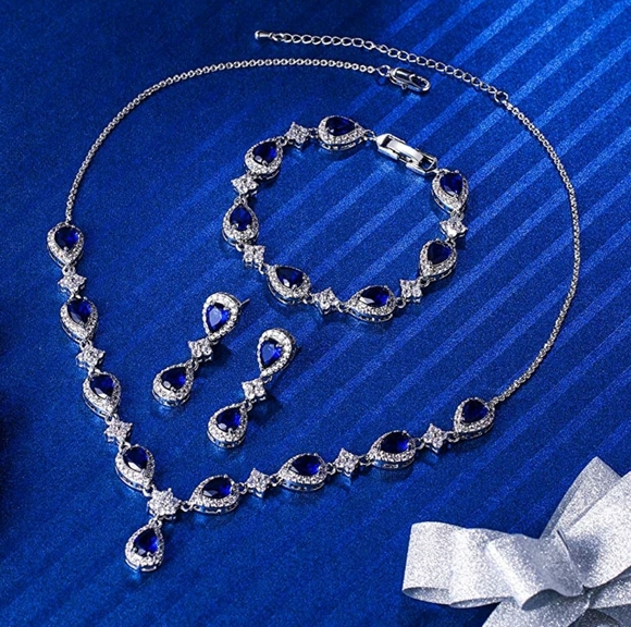 Women's Silver Tone CZ Teardrop Flower V-Necklace Sets - Picture 3 of 6